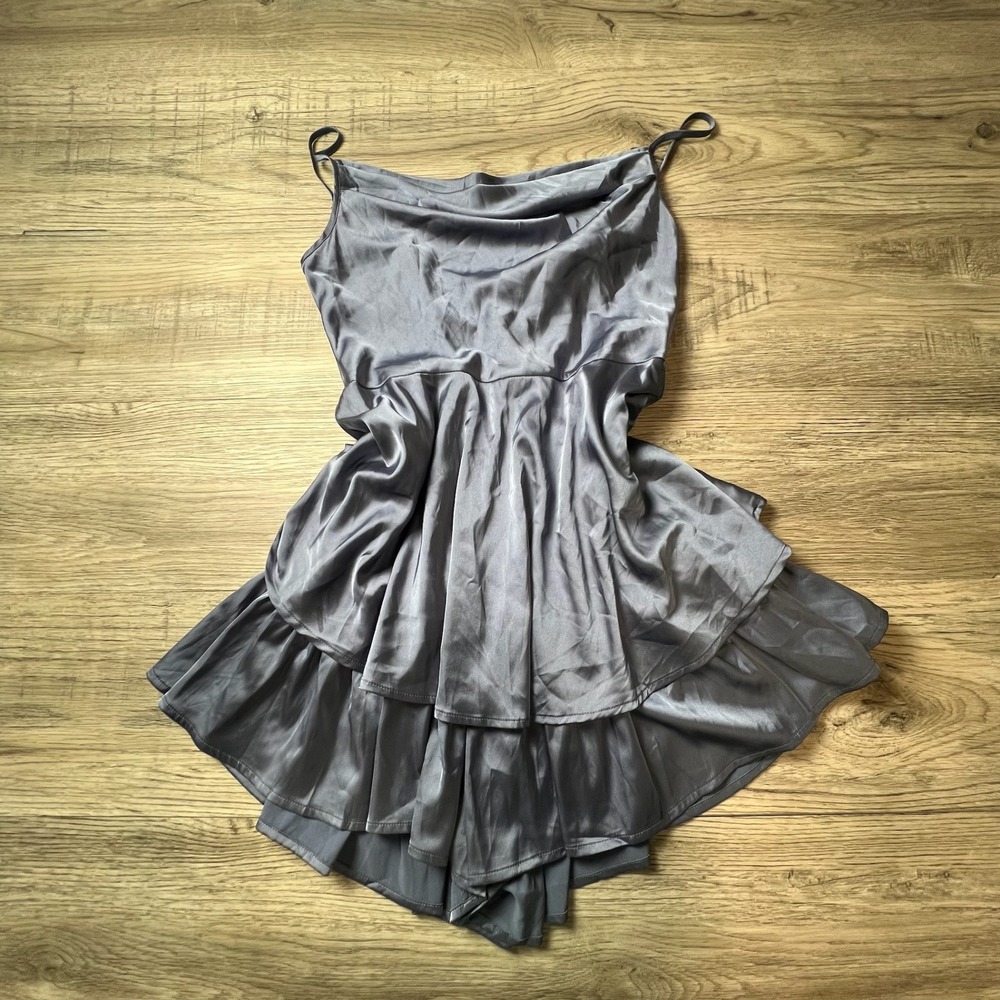 Cider Mini Dress Women Large Grey Satin‎ Cowl Neck Tiered Ruffle Party Cocktail